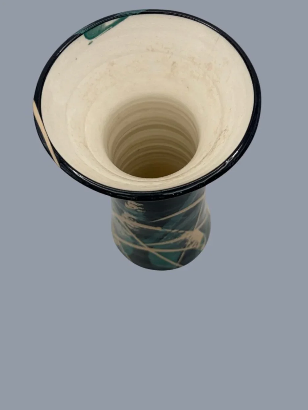 Signed Studio Art Pottery Vase Abstract Teal Black Cream Hand Thrown Ceramic 8